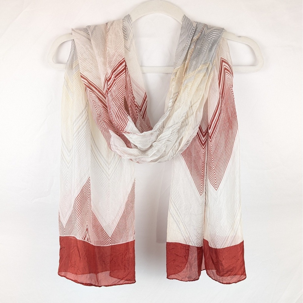 Vintage Indus 100% Silk Scarf 19‎ x 62 Cream Red Striped Chevron Boho Shawl Wrap
